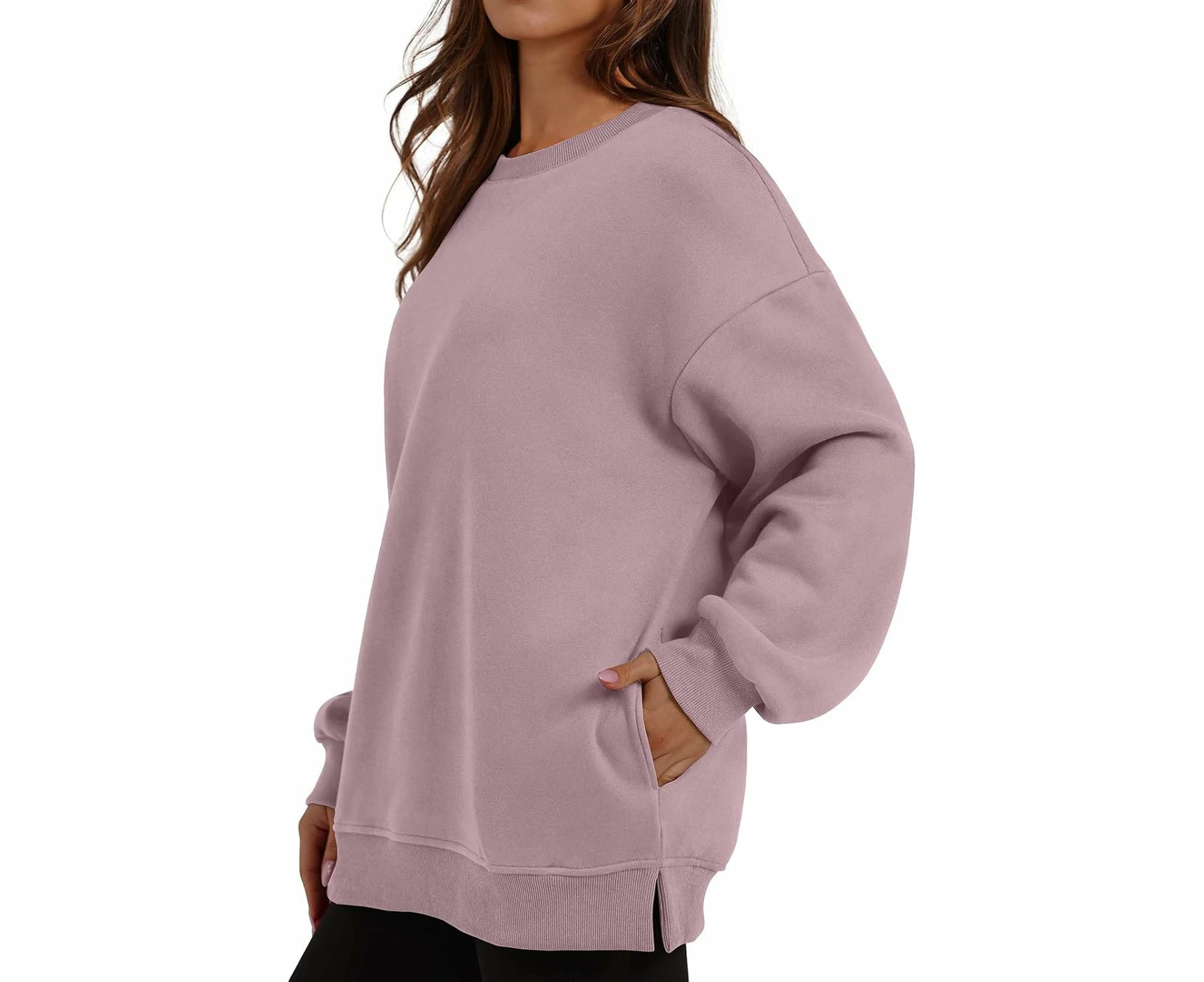 Women Solid Oversized Sweatshirts Long Sleeve Crew Neck Fleece Pullover Tops with Pockets Comfy Fall Fashion Outfits