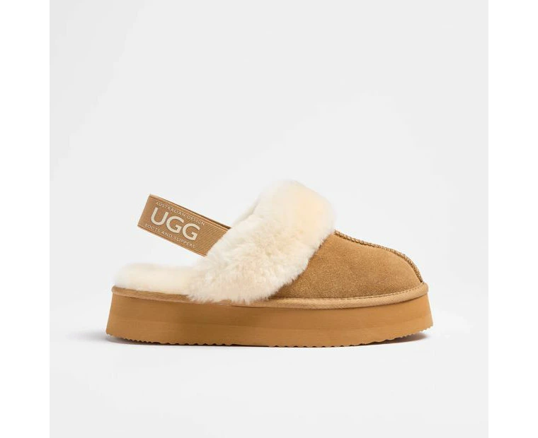 Womens Sheepskin and Leather Platform Sling Back Slipper