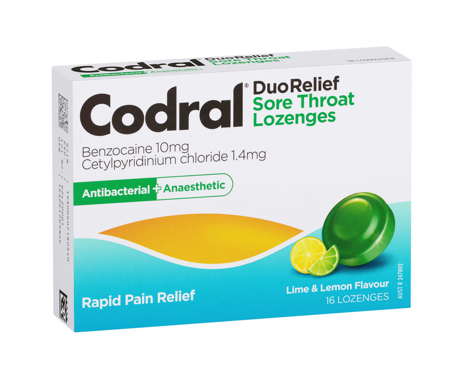 Codral Sore Throat Relief Lozenges Antibacterial + Anaesthetic Lime & Lemon 16 Pack