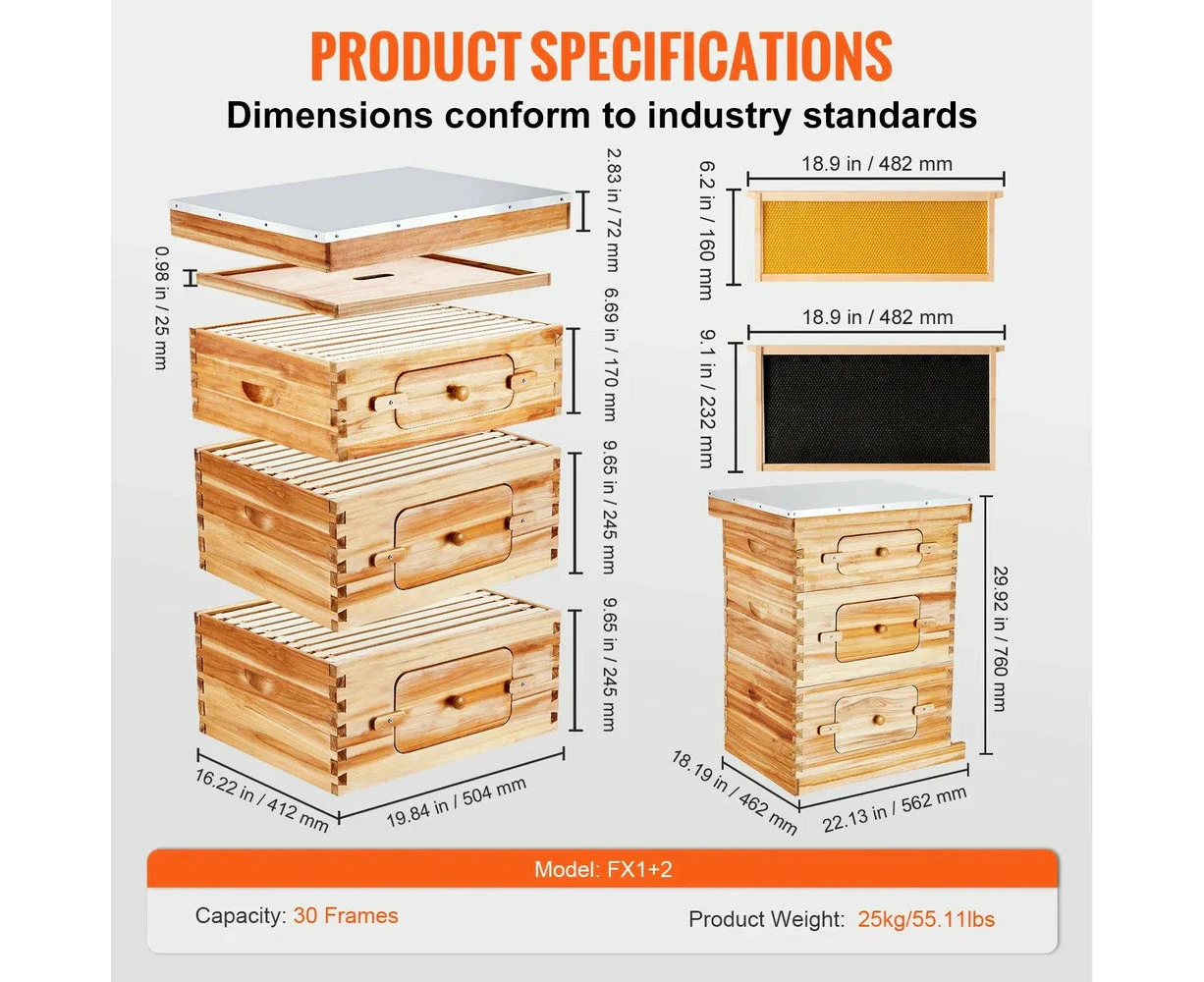 Bee Hive Deep Box Starter Kit - 100% Beeswax Coated Cedar Wood, Langstroth Design with Transparent Acrylic (2ZHGH - 30 Frames)