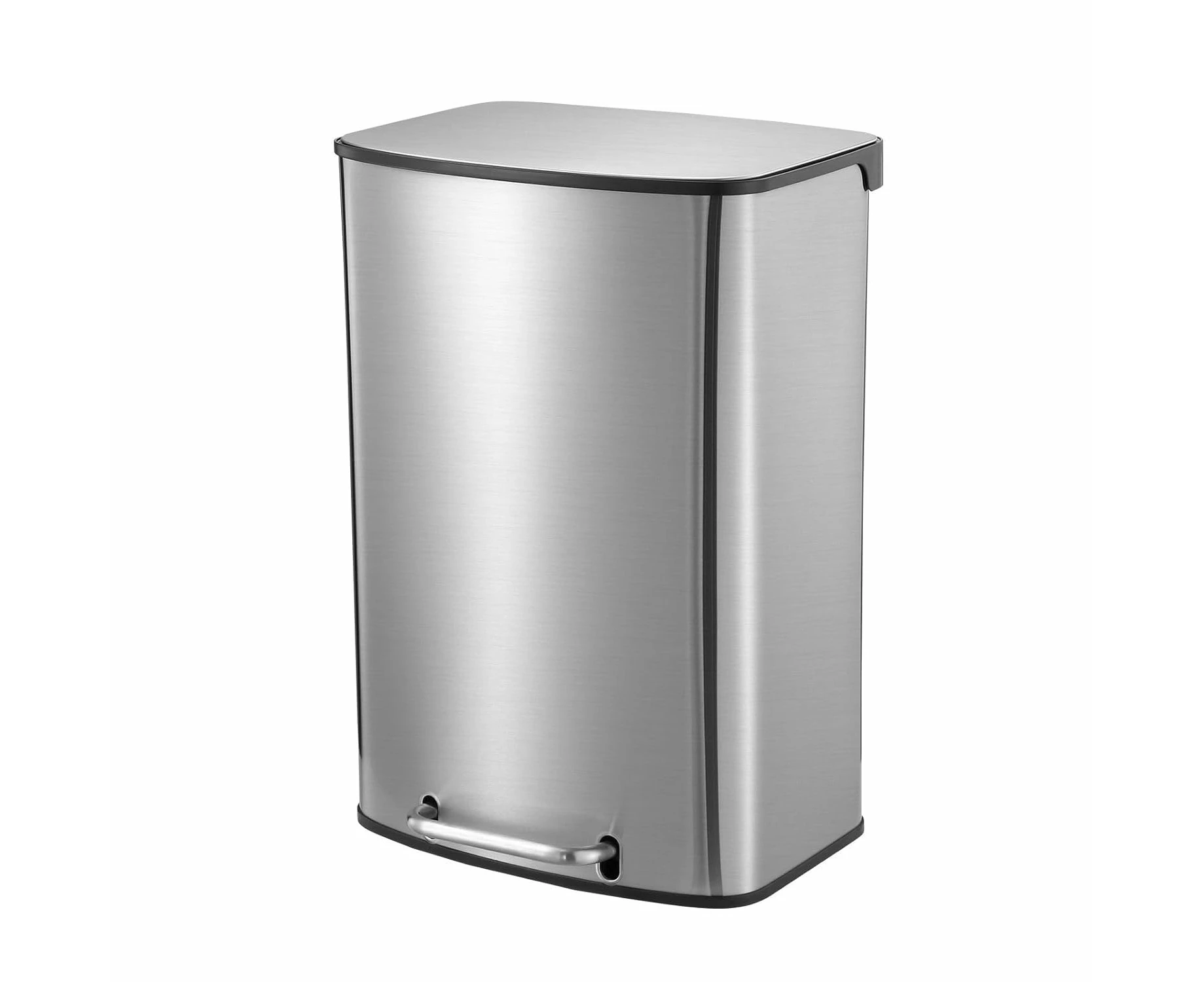 50L Pedal Rubbih Bin Stainless Steel Garbage Bin Waste Bin Rectangular Trash Can Soft Closing Lid Kitchen Office Sliver 47 x 35 x 65 cm