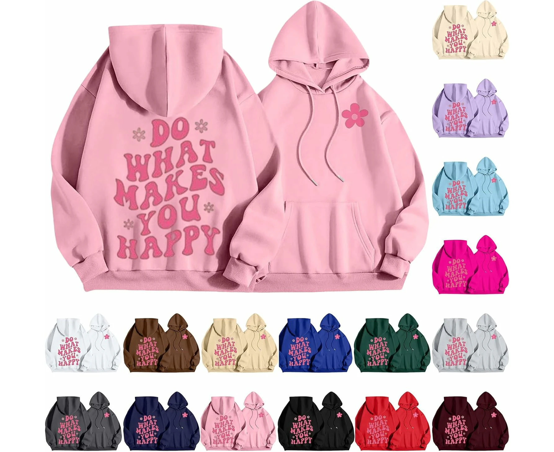 Pink Palm Puff Hoodie for Teen Girls Long Sleeve Casual Graphic Hoodies Drawstring Oversized Aesthetic Y2k Preppy Hoodie