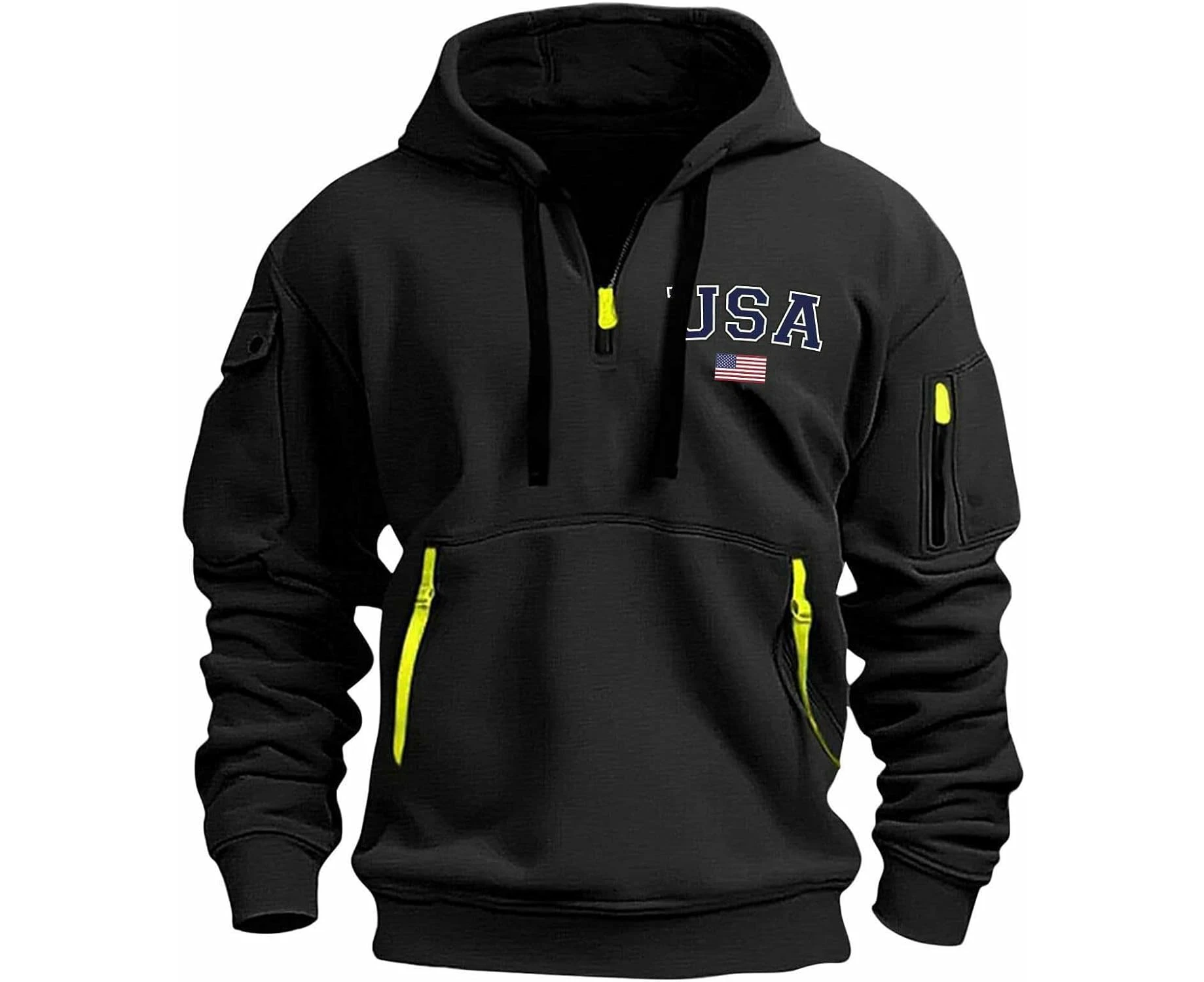 USA Flag Hoodies for Men Quarter Zip Fall Casual Vintage Long Sleeve Patriotic Pullover Tactical Camo Hooded Sweatshirt