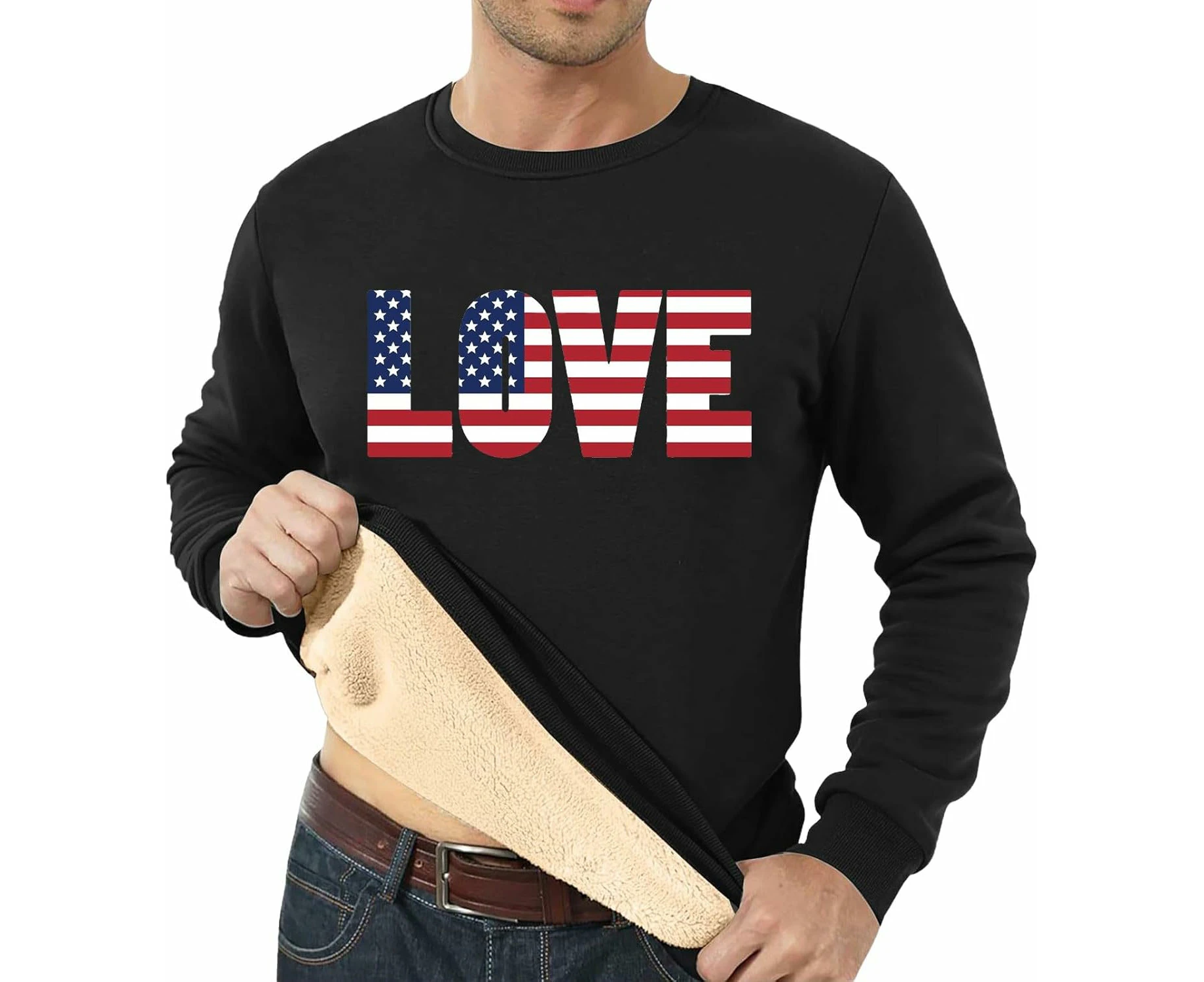 Men's Sherpa Lined Sweatshirts USA Flag Graphic Hoodie with Pockets Warm Crewneck Sweatshirt Heavyweight Winter Pullover