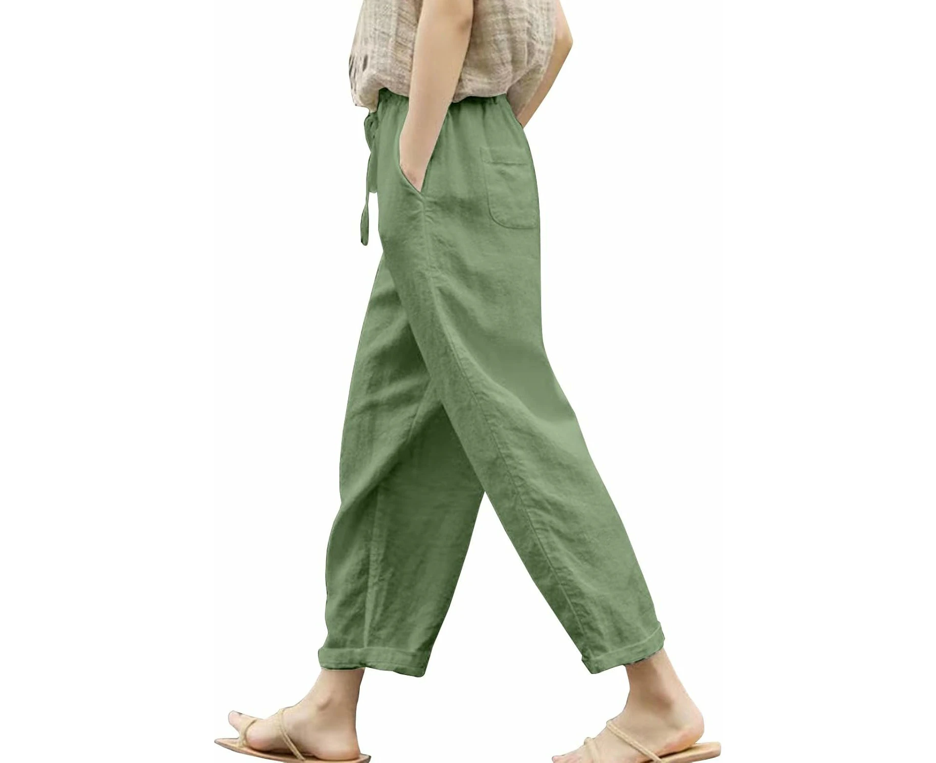 Women Cotton Linen Strairght Leg Pants Casual Elastic Waist Loose Fit Trendy Trouser Cropped Palzzo Pants with Pockets