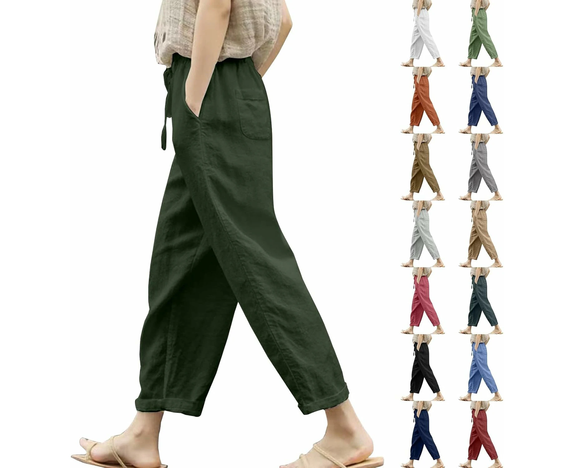 Women Cotton Linen Strairght Leg Pants Casual Elastic Waist Loose Fit Trendy Trouser Cropped Palzzo Pants with Pockets