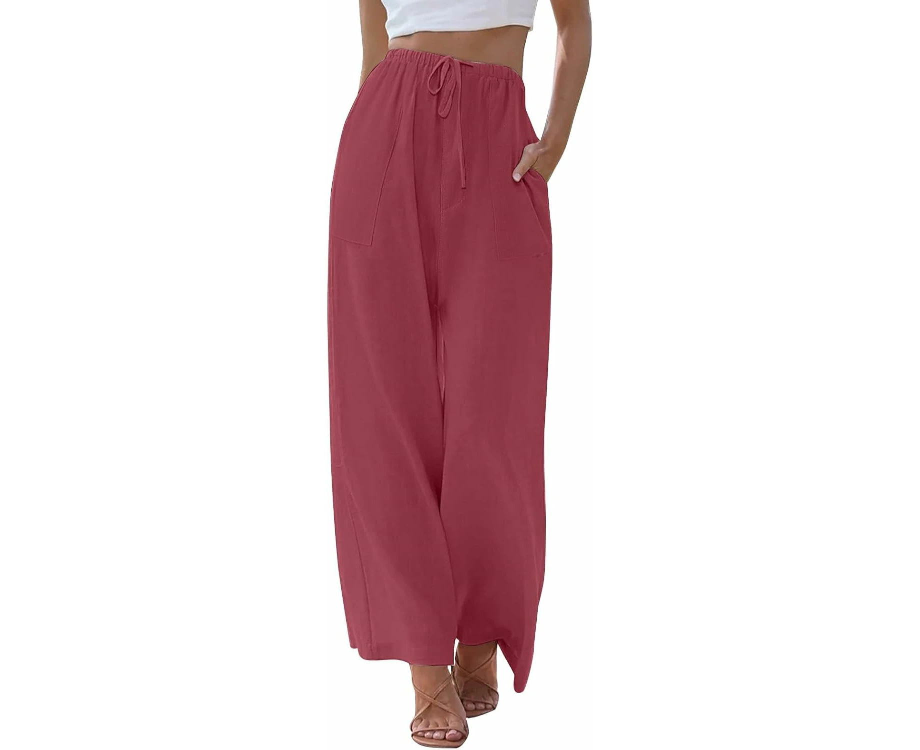 Women's Linen High Waisted Straight Pants 2025 Lightweight Lounge Pants Cotton Linen Travel Beach Summer Pants with Pockets