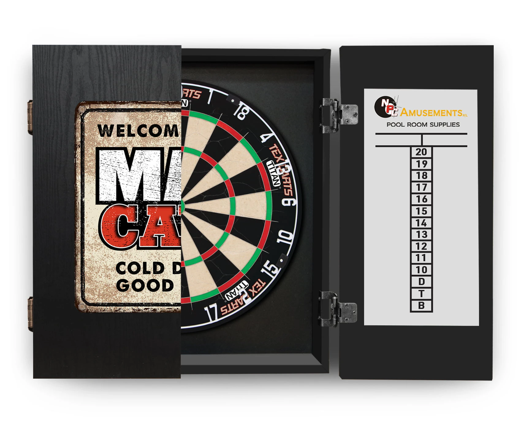 Tex Darts Titan Dart Board + Welcome to the Man Cave Dartboard Cabinet + Darts