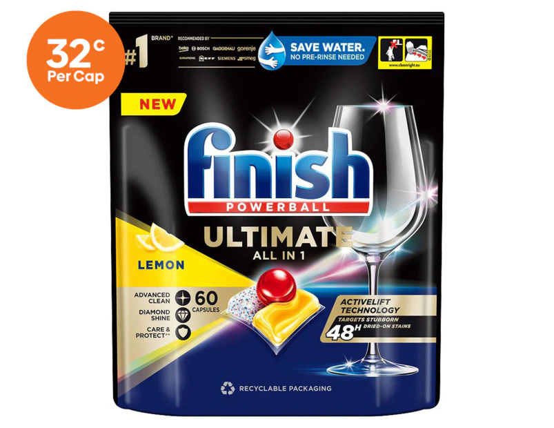 Finish Powerball Ultimate All in 1 Dishwashing Caps Lemon 60pk