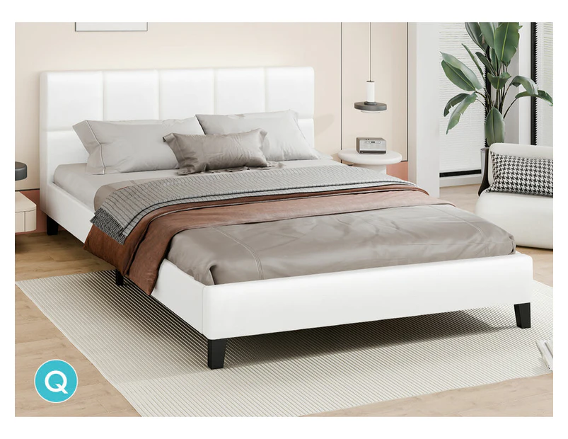 ALFORDSON Bed Frame Wooden Platform Mattress Base Leather White - Queen Size