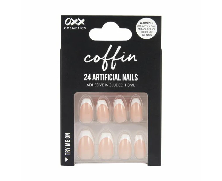 24 Pack Artificial Nails with Adhesive, Coffin Shape, French Tip - OXX Cosmetics