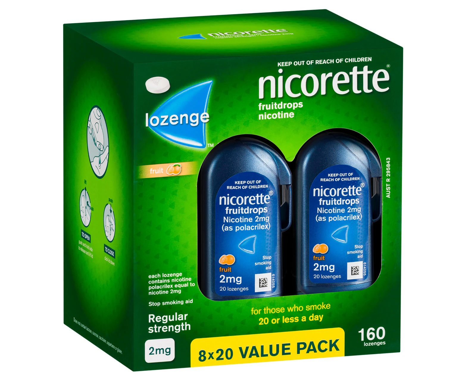 Nicorette Quit Smoking Regular Strength Nicotine Lozenge Fruitdrops  8 x 20 Pack