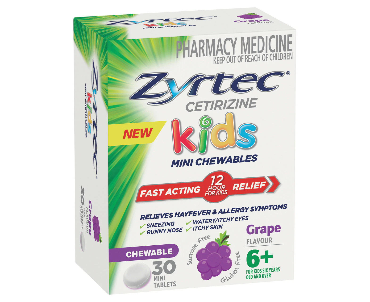 Zyrtec Kids Allergy & Hayfever Relief Antihistamine Grape Chewable Tablets 30 Pack