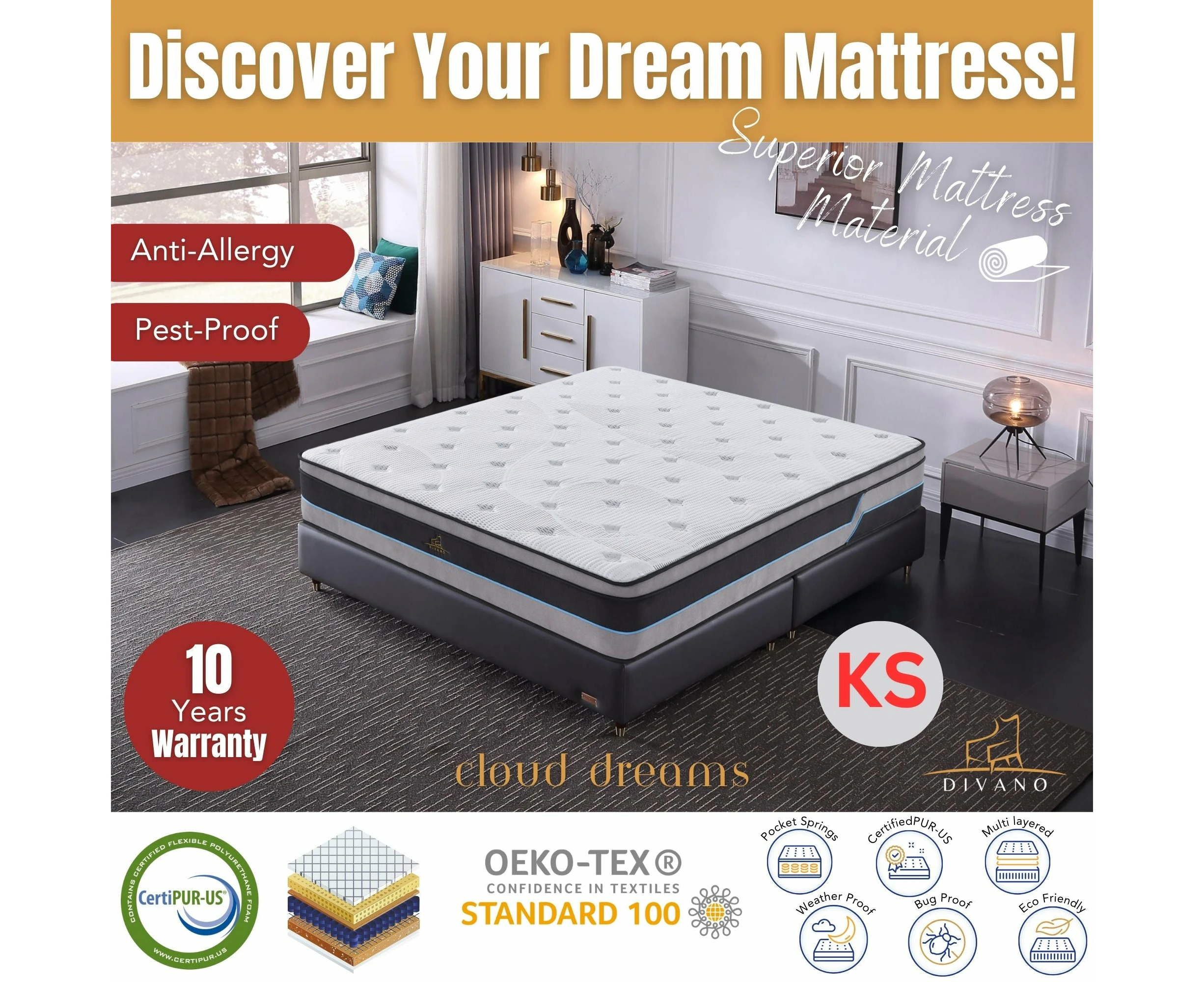 Cloud Dreams King Single Pocket Spring Luxury Plush Top 28cm Mattress