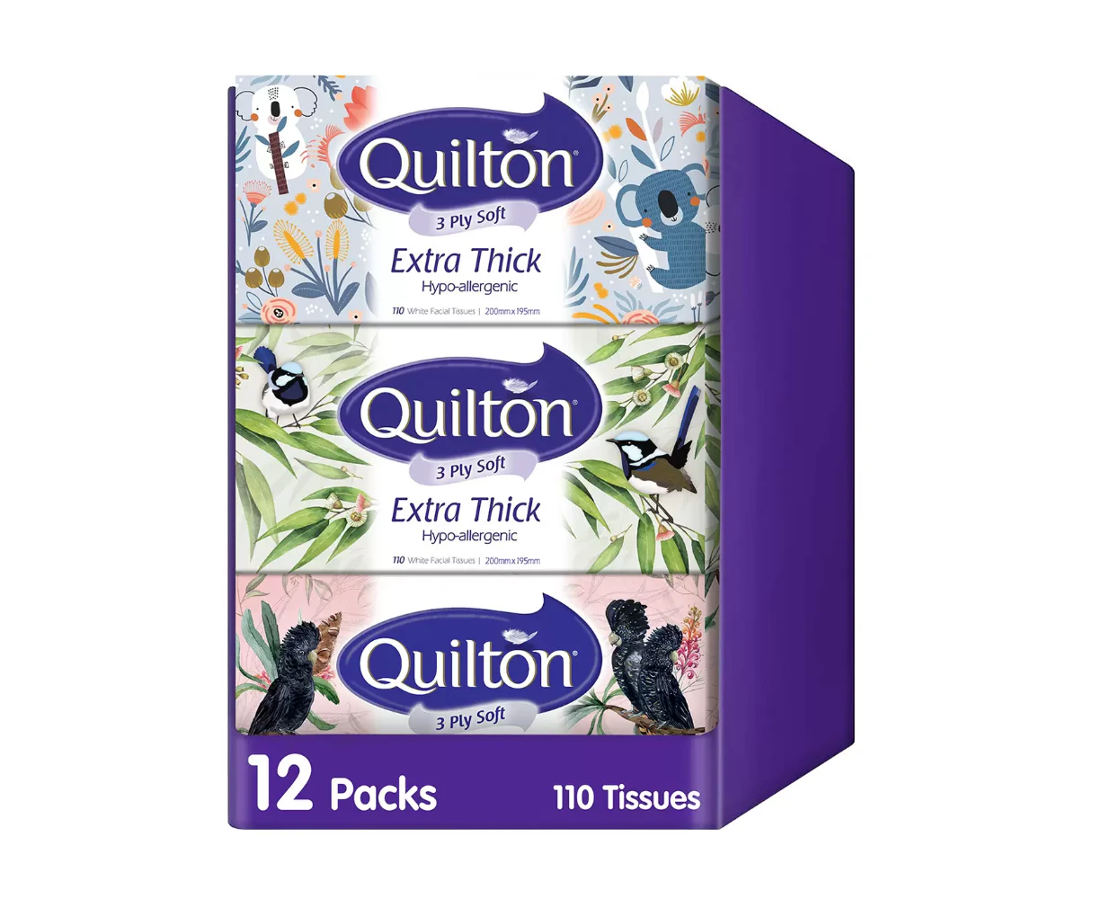 Quilton 3 Ply Extra Thick Facial Tissues Hypo-allergenic 12 boxes of 110 tissue