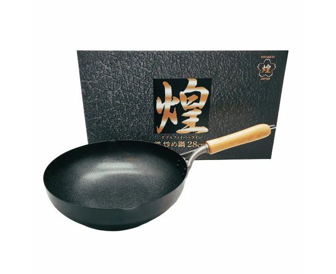 Kirameki Cast Iron Double Fiber Line Stir-fry Wok (Made in Japan) - 28cm