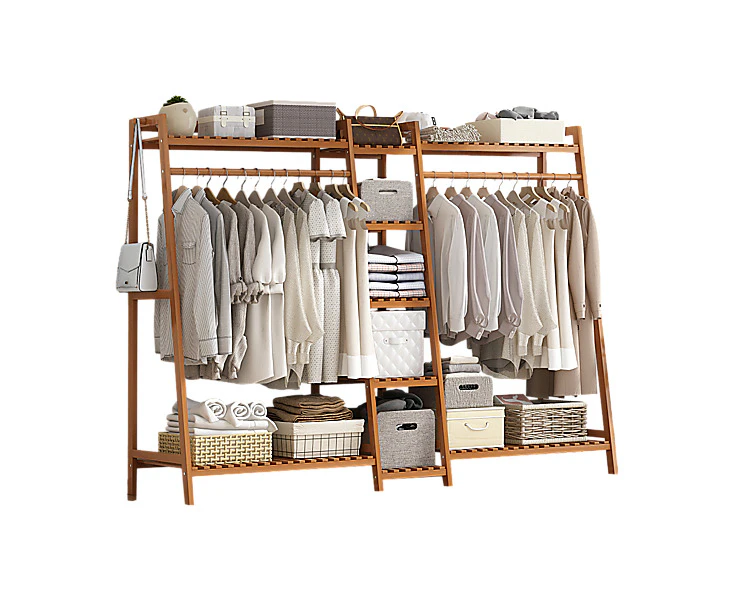 Portable Clothes Rack Coat Garment Stand Bamboo Rail Hanger Airer Closet