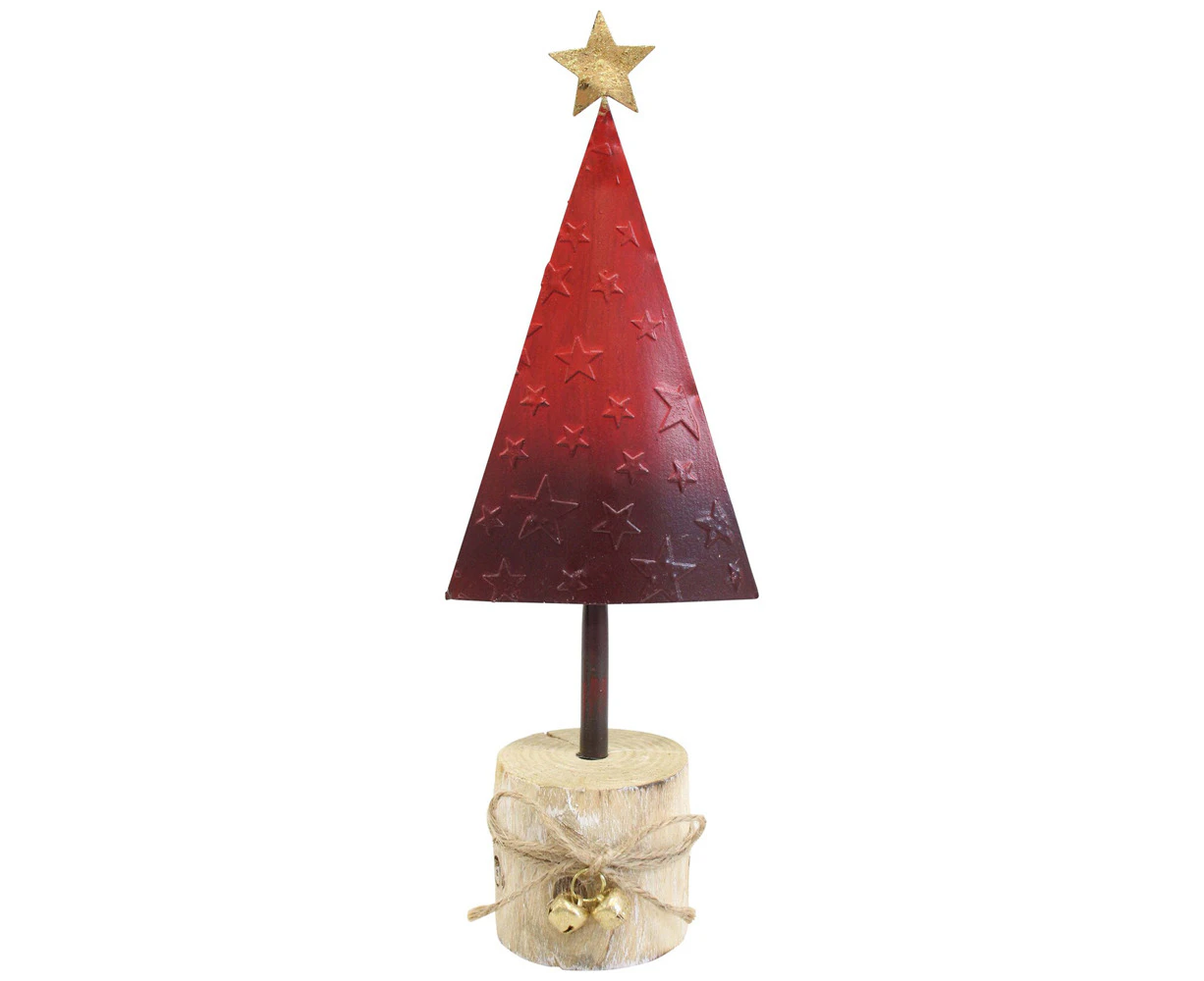 LVD Metal/Wood Gold Star Red Tree w/ Stump Christmas Holiday Decoration 25cm