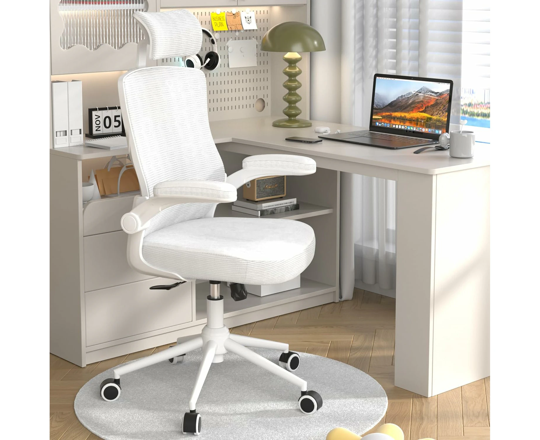 Ergonomic Mesh Desk Chair, High Back Computer Chair- Adjustable Headrest with Flip-Up Arms, Lumbar Support, Swivel E ecutive Task Chair (Modern, White)