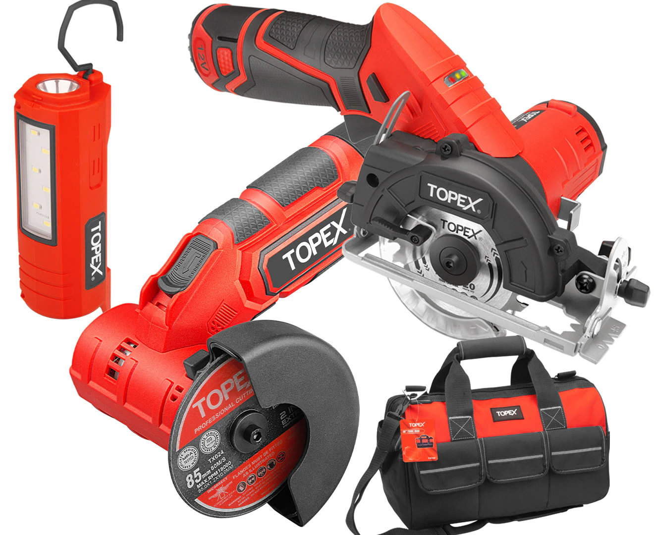 TOPEX 12V Cordless Power Tool Kit Angle Grinder Circular Saw LED Torch