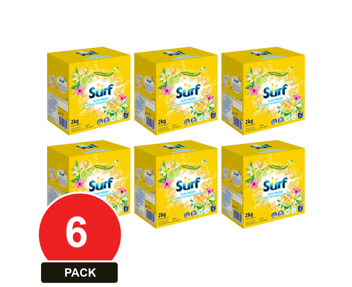 6 Pack, Surf 2kg Laundry Detergent Powder Sun Fresh