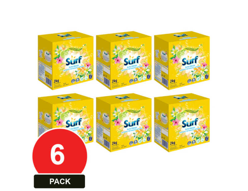 6 Pack, Surf 2kg Laundry Detergent Powder Sun Fresh