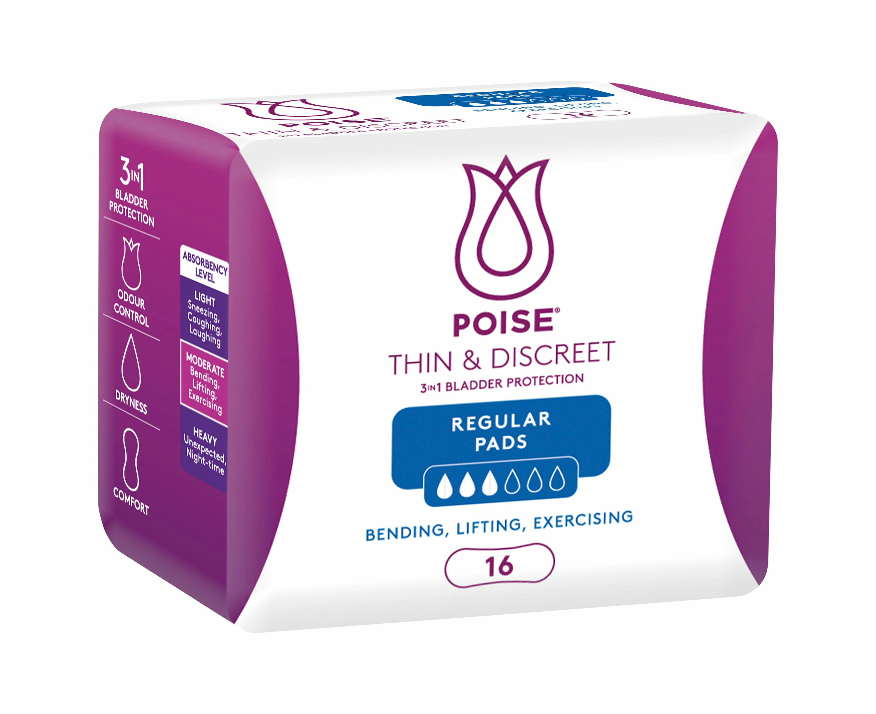 Poise Thin & Discreet Pads Regular 16 Pack