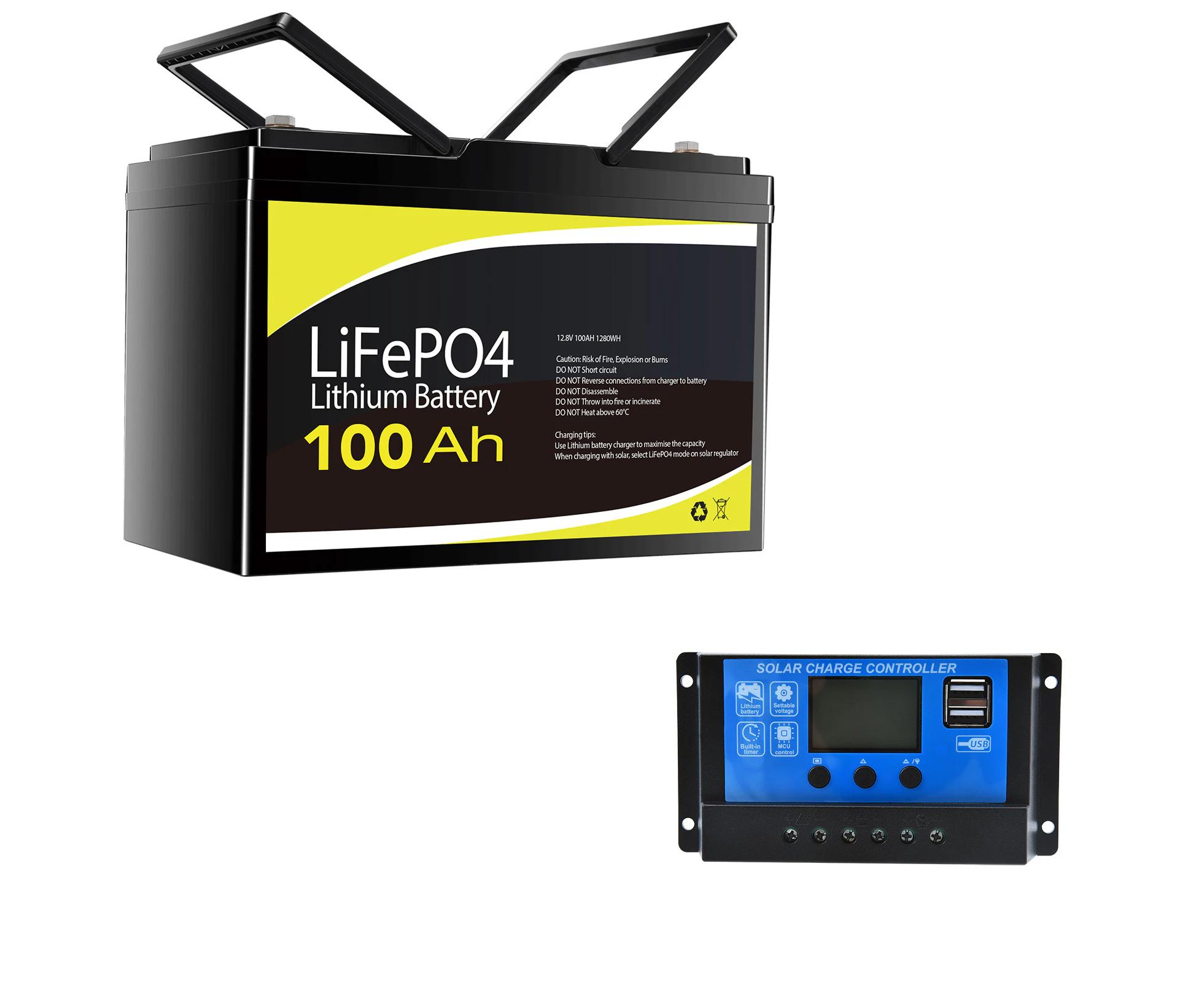 12V 100Ah Lithium Iron Phosphate Battery LiFePO4 + 10A Solar Charge Controller PWM