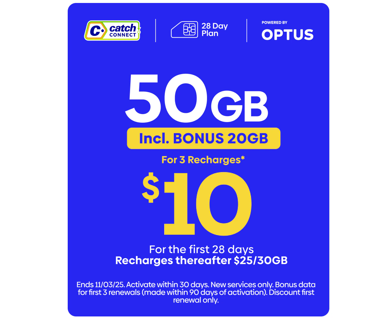 Catch Connect 28 Day Mobile Plan - 30GB (+20GB Bonus Data)