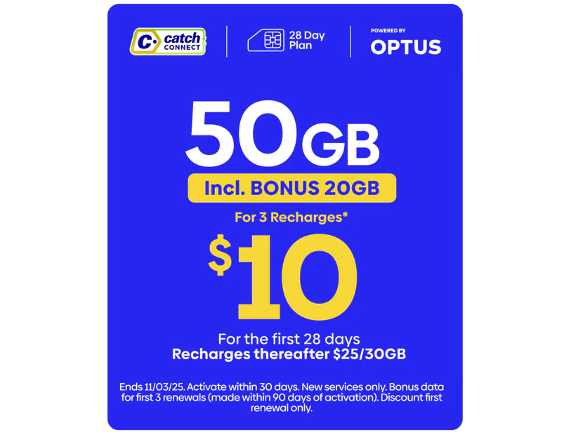 Catch Connect 28 Day Mobile Plan - 30GB (+20GB Bonus Data)