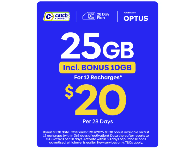 Catch Connect 28 Day Mobile Plan - 15GB (+10GB Bonus Data)