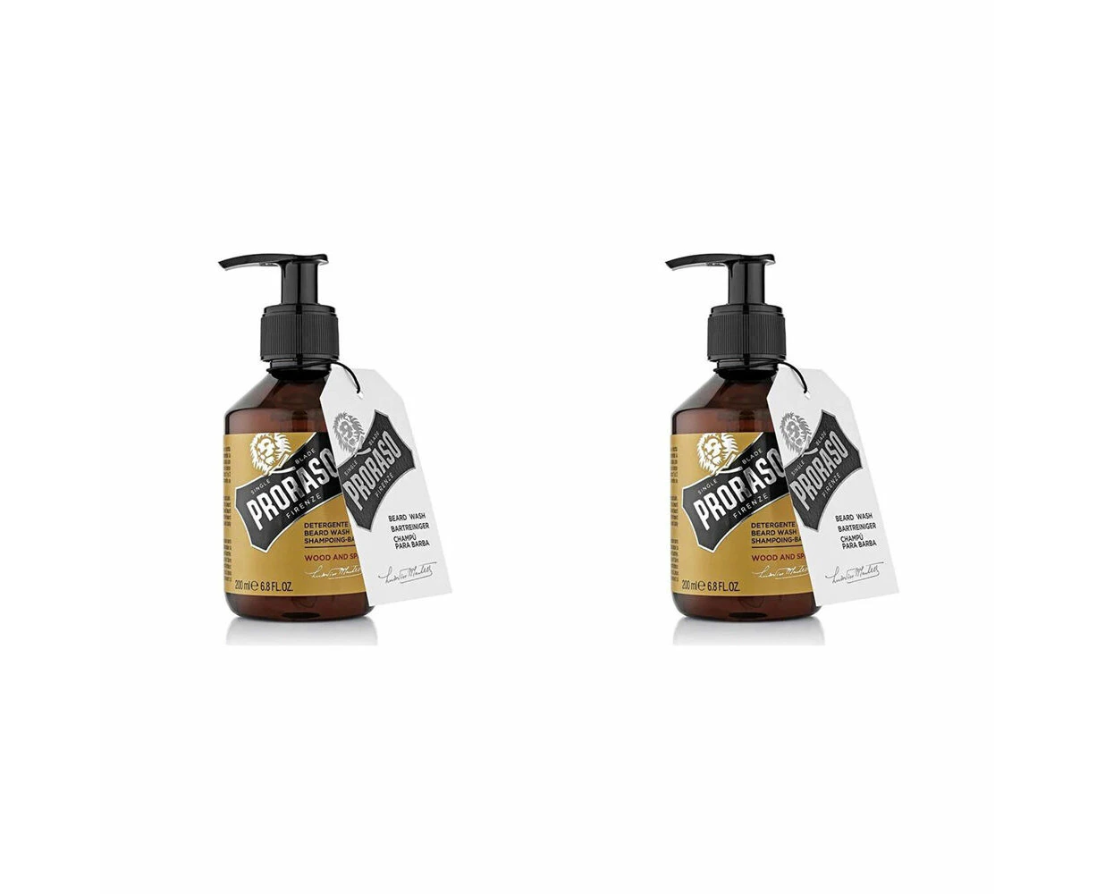 2PK Proraso Beard Wash Men's Grooming Essential Shampoo Wood & Spice Scent 200ml