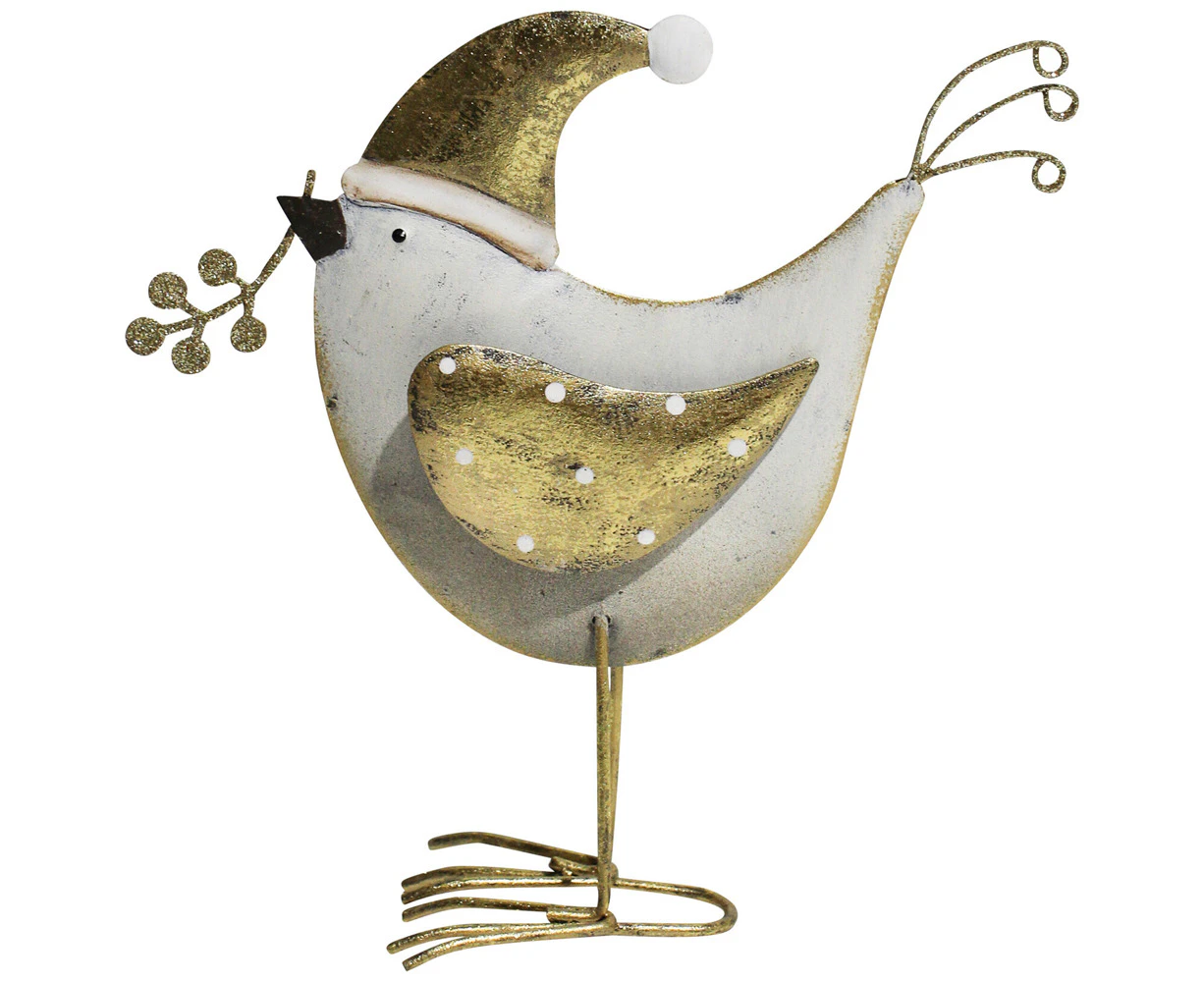 LVD Metal Santa Bird Sculpture Lrg Christmas Home Decor 18.5x15cm White/Gold