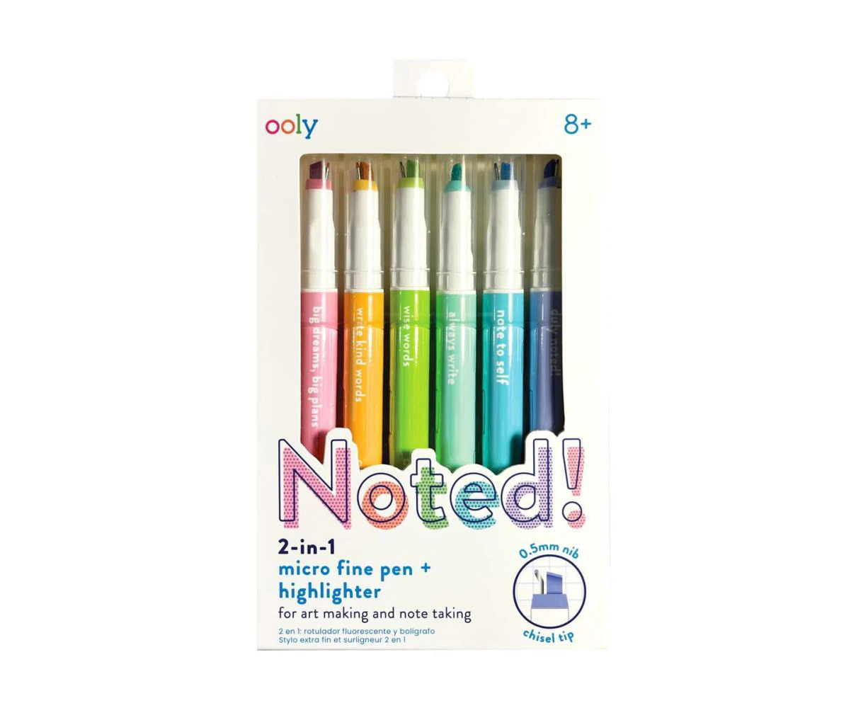 6pc Ooly Noted 2in1 Micro Fine Pen Highlighter Art Colouring Marker Set 8y+