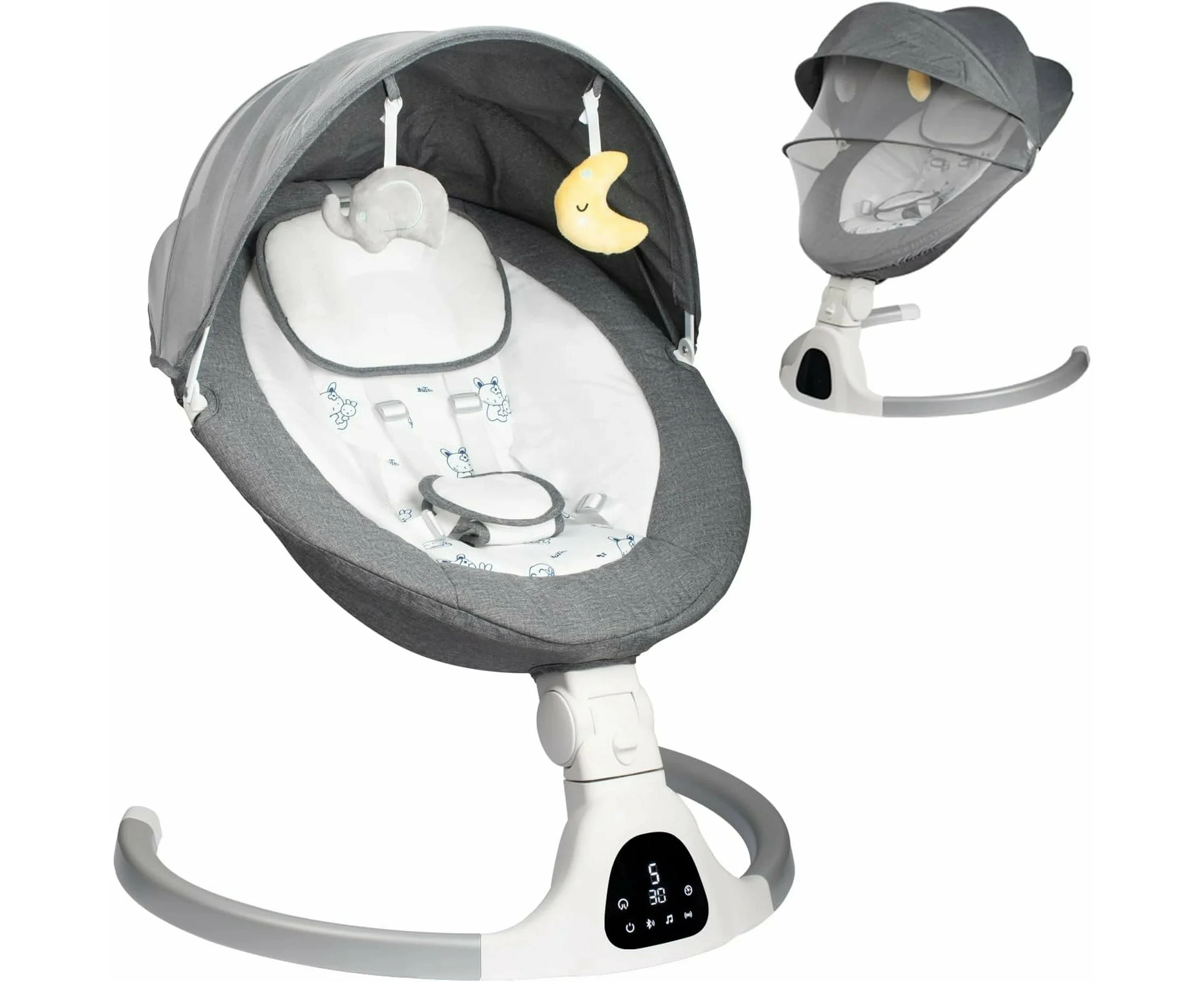 Electric Baby Swing - Touch Screen, 5 Speeds, Portable, Bluetooth, Lullabies, Timer, 5-Point Harness for Infants & Toddlers - Grey