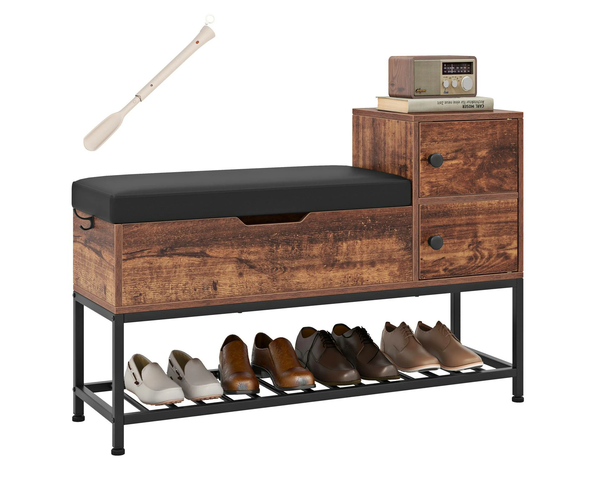 Costway Entryway Shoe Cabinet Bench w/Flip Top Box & PVC Seat Cushion Retractable Storage Rack Shelf Organizer