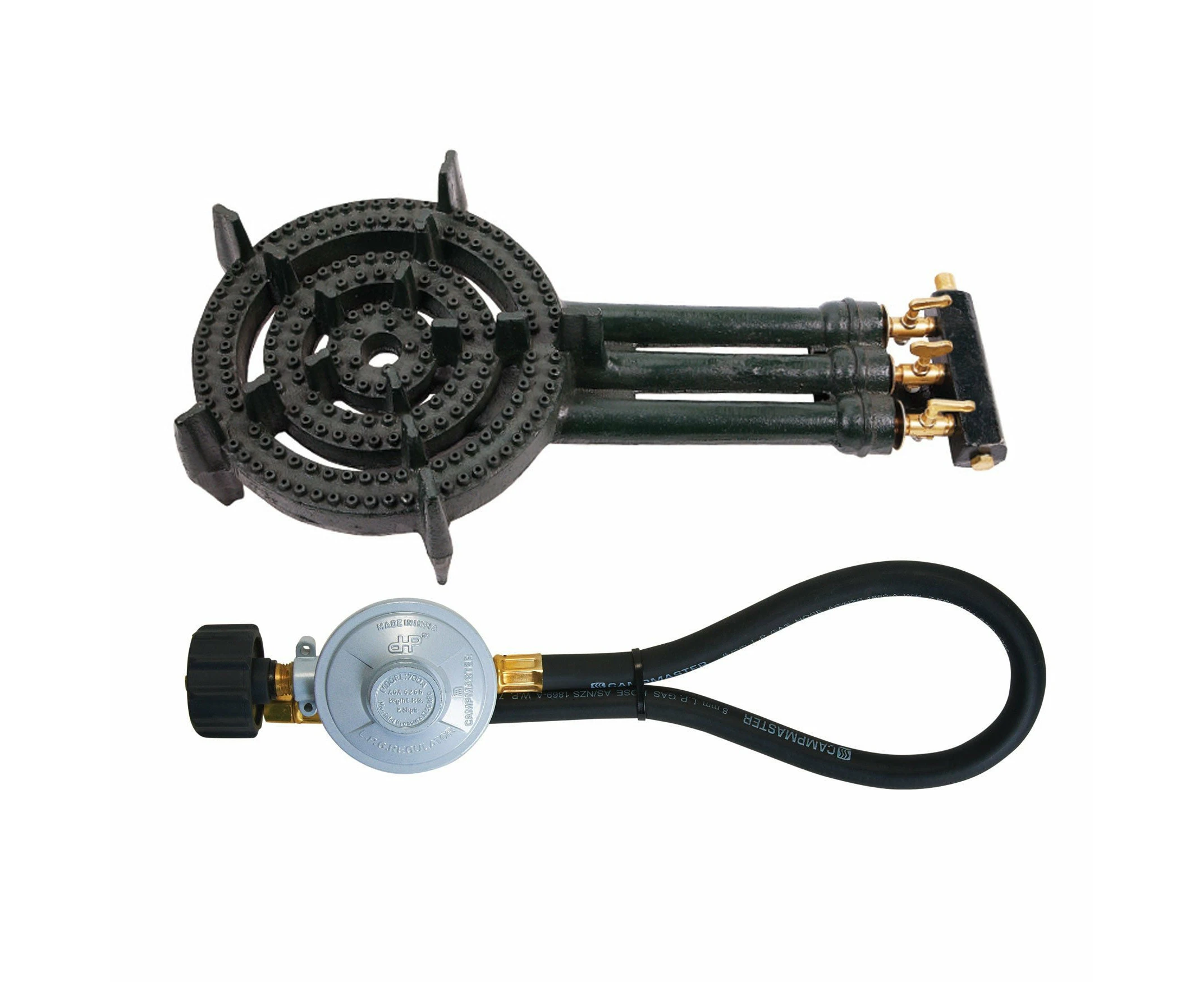 Campmaster Treble Cast Iron Gas Ring Burner with QCC Regulator 270mm