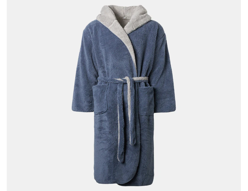 Bambury Unisex Reversible Sherpa Hooded Robe - Navy/Light Grey