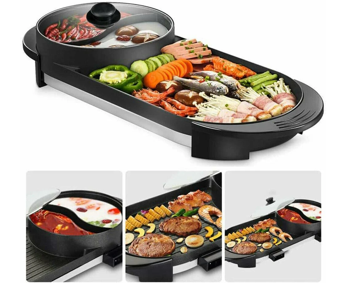 Electric Grill with Hot Pot, 2 in 1 Indoor Non-Stick Electric Hot Pot and Griddle for Korean BBQ, Steaks, Shabu and Noodles, Independent Dual Temperature