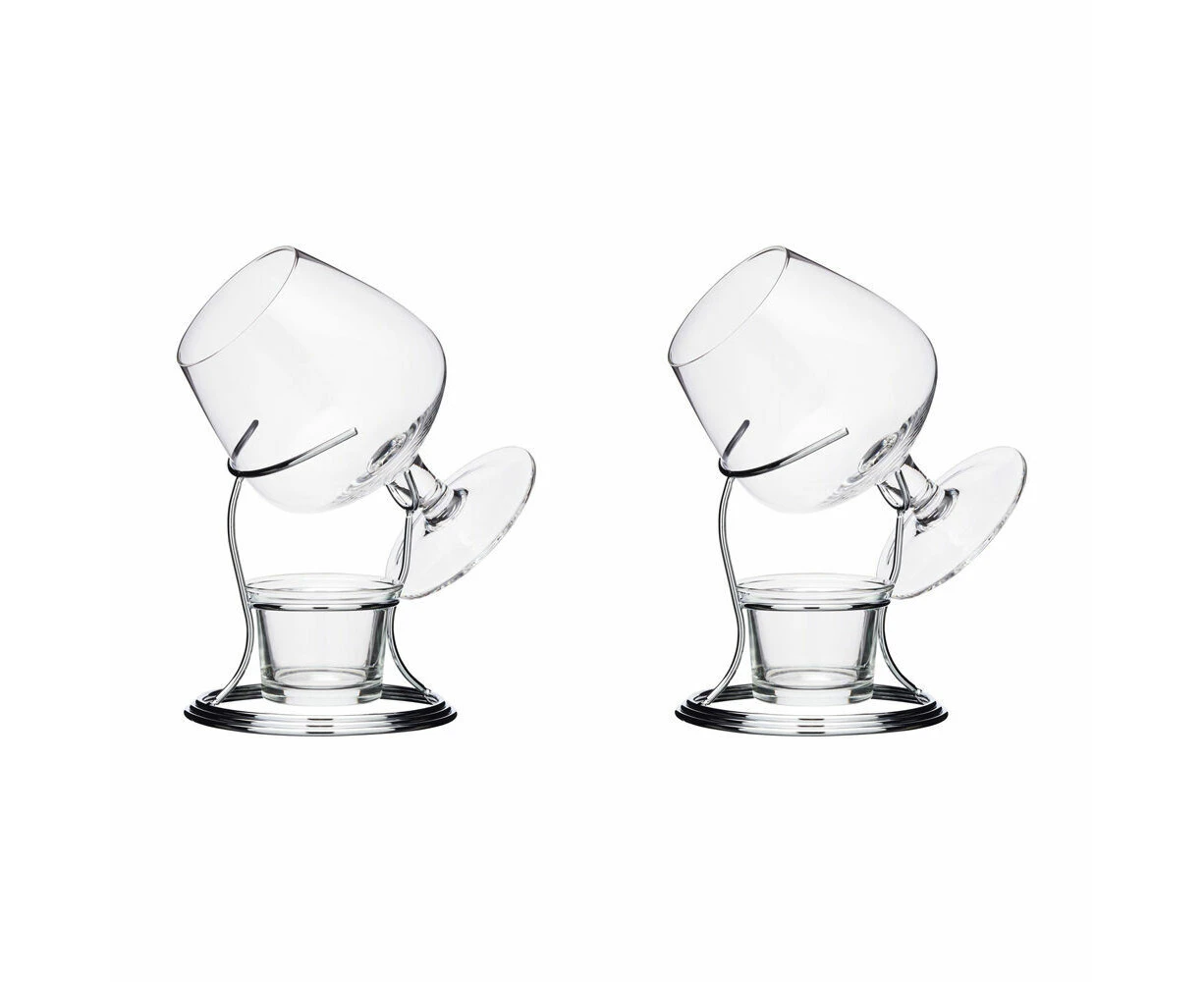 2x BarCraft Brandy & Cognac Chrome/Glass 350ml Cup & Warmer Stand Set Clear