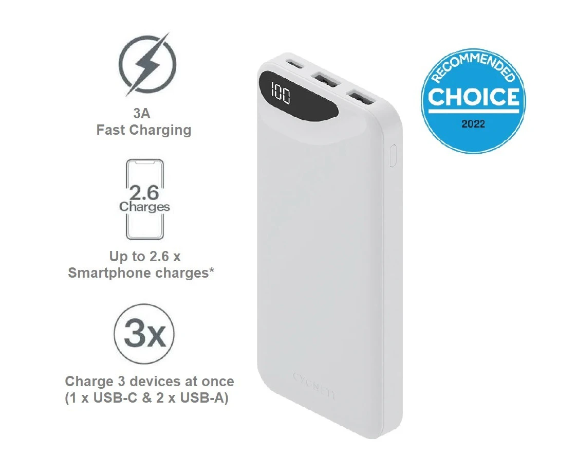 Cygnett ChargeUp Boost 3rd Gen 10K mAh Power Bank - White (CY4344PBCHE), 1x USB-C(15W),2x USB-A(12W),15cm USB-C Cable,Digital Display,Charge 3 Devices