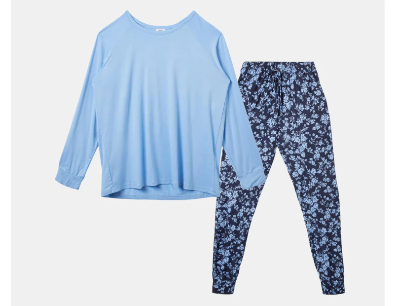 Gem Look Women's Floral Viscose Jersey PJ Set - Light Blue