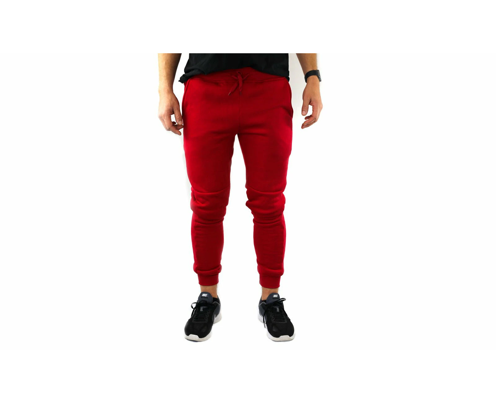 Mens Skinny Track Pants Joggers Trousers Gym Casual Sweat Cuffed Slim Trackies Fleece - Red - 3XL