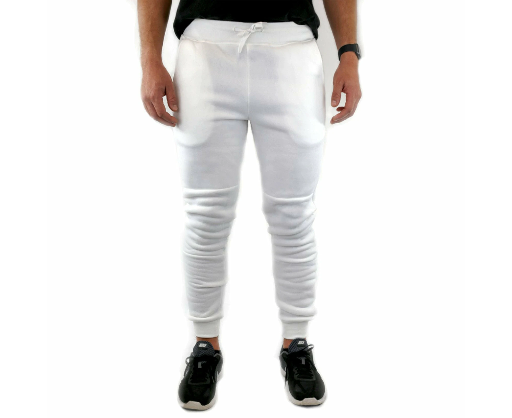 Mens Skinny Track Pants Joggers Trousers Gym Casual Sweat Cuffed Slim Trackies Fleece - White