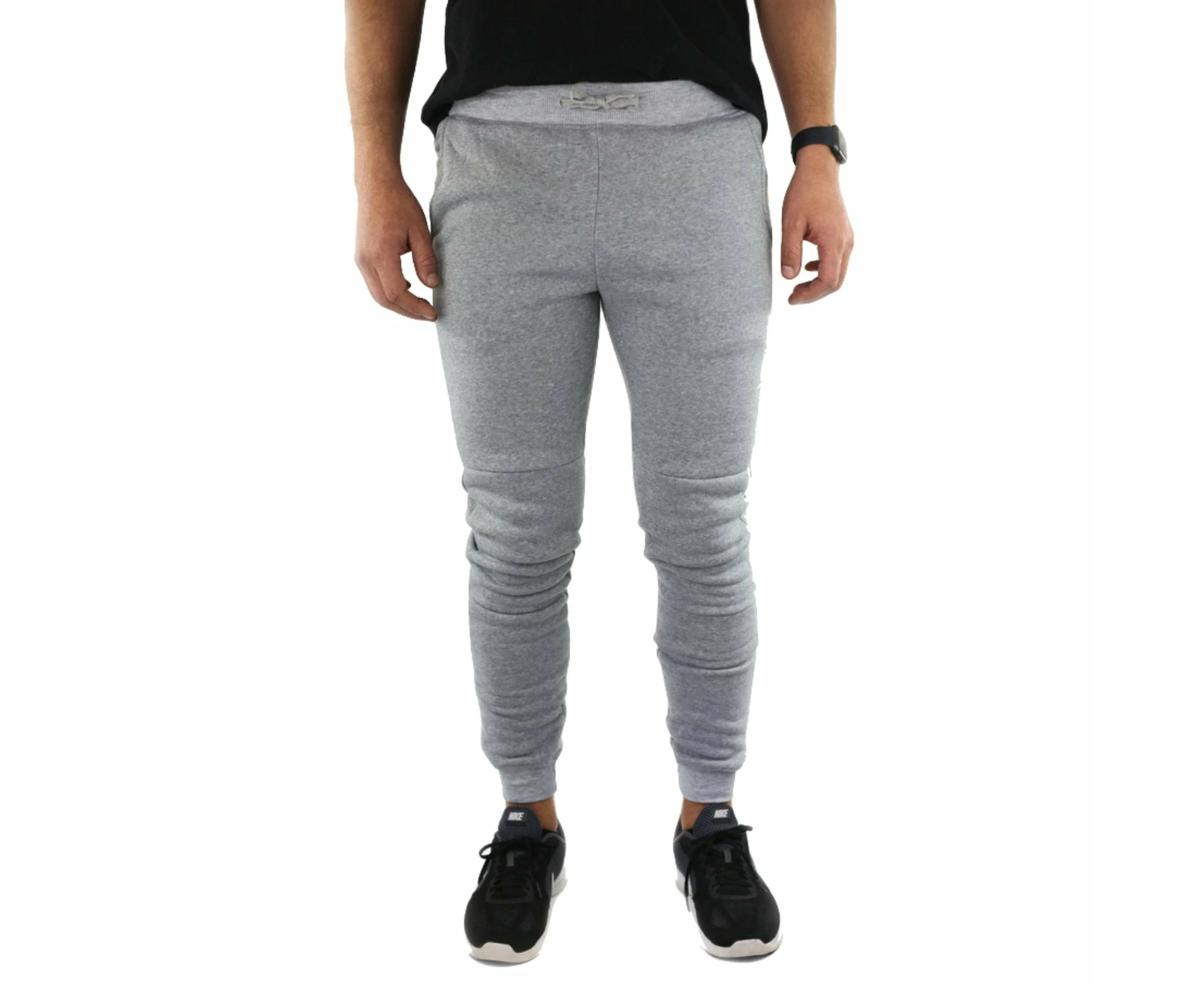 Mens Skinny Track Pants Joggers Trousers Gym Casual Sweat Cuffed Slim Trackies Fleece - Heather Grey - L