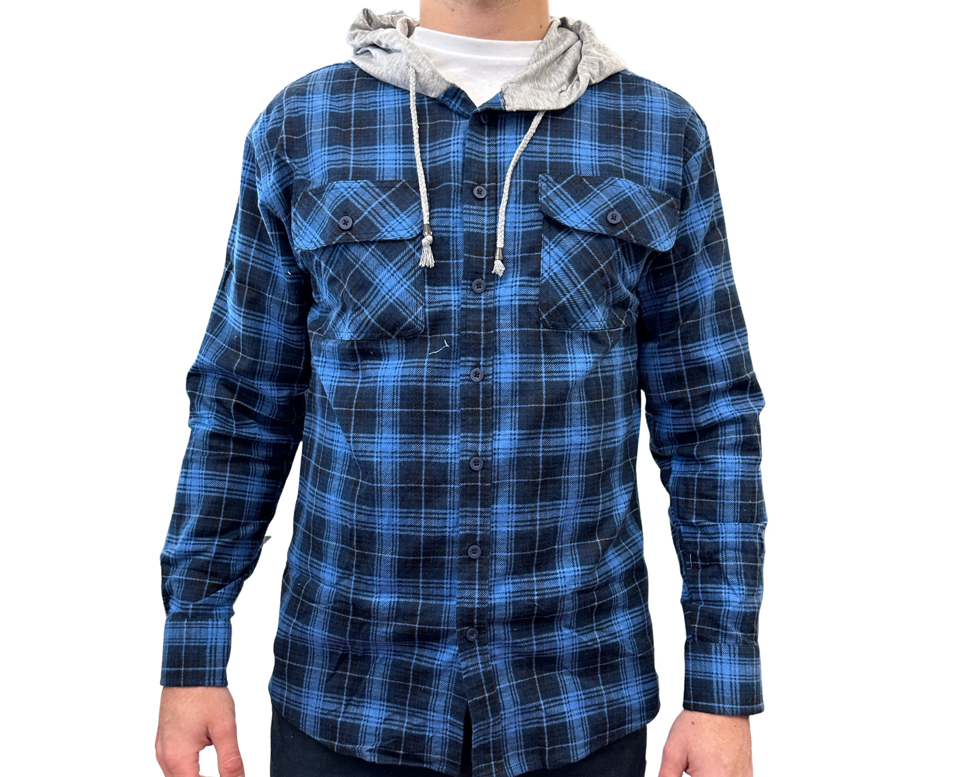 Mens Cotton Flannelette Shirt w Jersey Hood Long Sleeve Flannel - Blue