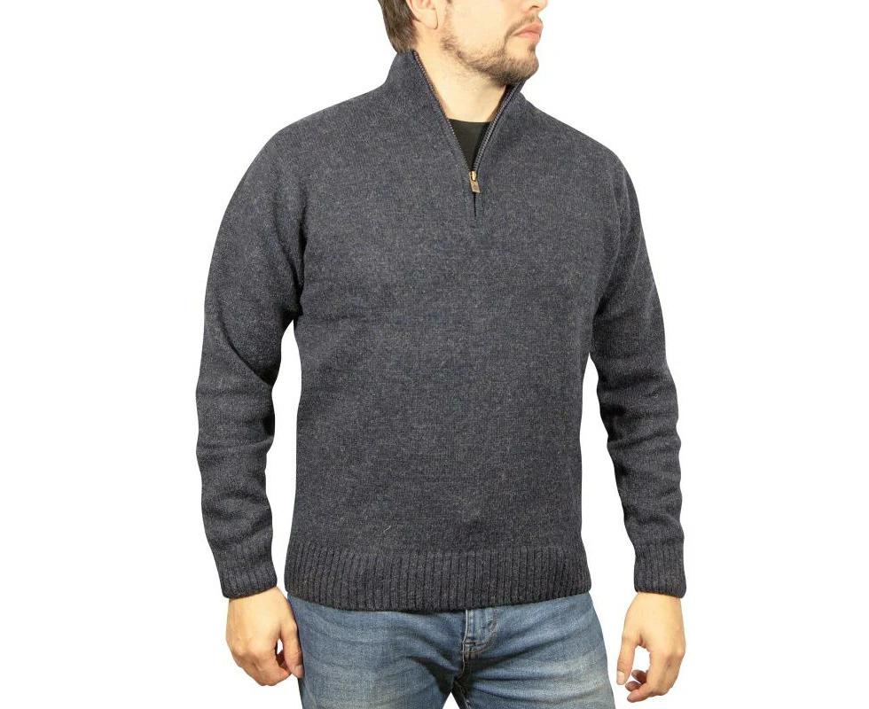 100% SHETLAND WOOL Half Zip Up Knit JUMPER Pullover Mens Sweater Knitted - Denim Blue (45) - 3XL