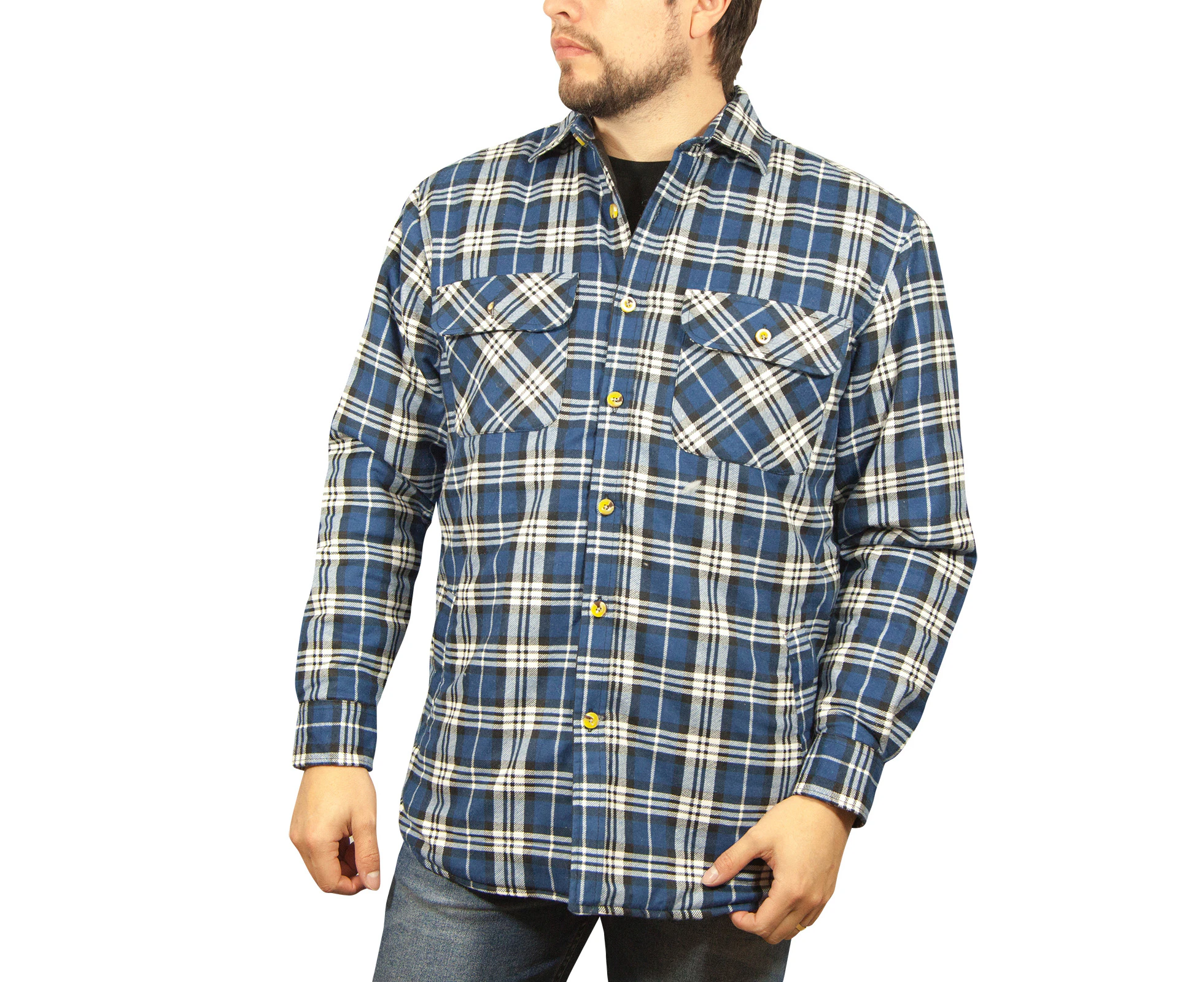 Mens Flannelette Long Sleeve Shirt 100% Cotton Check - Full Placket - Spanish Blue