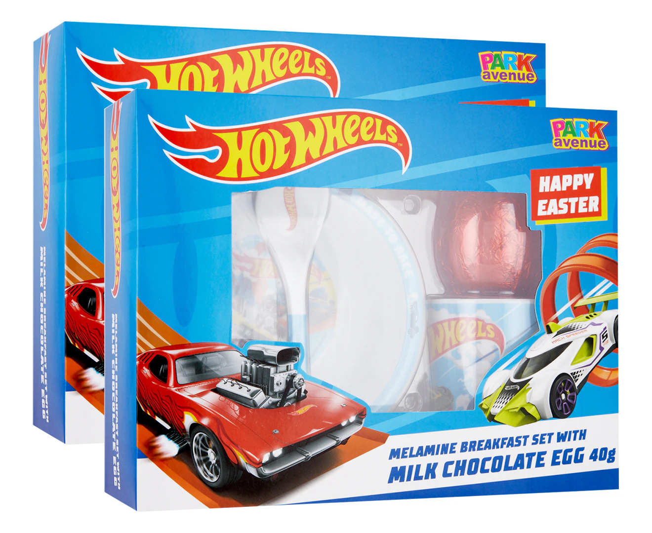 2 x Hot Wheels Melamine Breakfast Set w/ Milk Chocolate Egg 40g