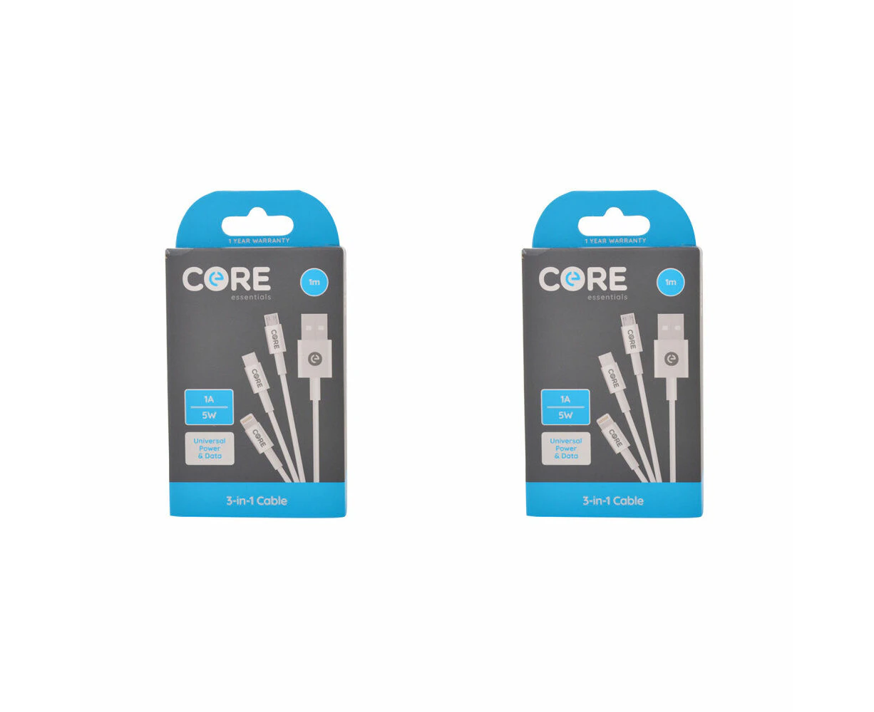 2PK Core 3in1 Micro USB-C to 8-Pin Cable Charging Cord 1m For iPhone/Samsung WHT